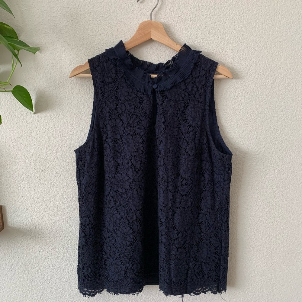 J Crew Women’s Tall TXL Navy Lace Overlay Keyhole Sleeveless Spring Summer Top